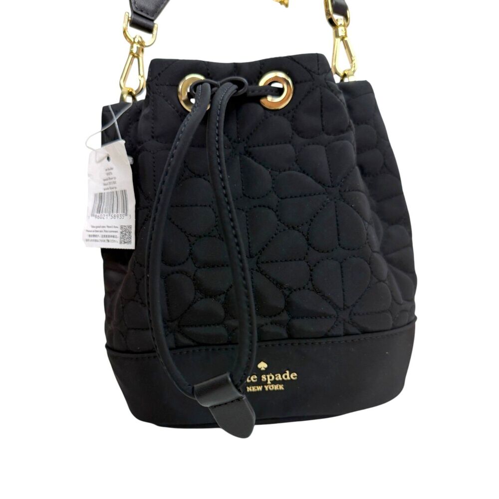 Kate Spade Flower Quilted Fabric Bucket Bag Black NEW with Tags